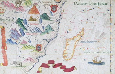 Madagaskar a pobřeží východní Afriky, detail z atlasu světa, 1565
