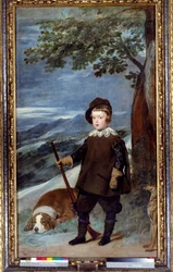 Portrét v loveckém oděvu prince Baltasara Carlose Španělského (1629-1646), syna krále Filipa IV. Obraz Diega Velasqueze (1599-1660) 1635 Sun. 1,91x1,03 m Madrid, Musee du Prado - Portrét prince Baltasara Carlose Španělského (1629-1646), krále Filipa IV.