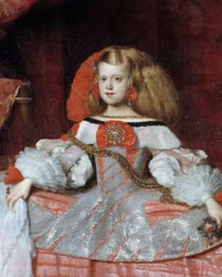 Portrét infantky Markéty Rakouské (1651-1673), dcery Filipa IV. Detail. Obraz Diega Velázqueze (1599-1660), kolem roku 1659. Rozměry: 2,12 x 1,47 m. Madrid, muzeum Prado.