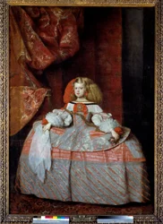 Portrét infantky Markéty Rakouské (1651-1673), dcery Filipa IV. Obraz Diega Velázqueze (1599-1660), kolem 1659. Rozměry: 2,12 x 1,47 m. Madrid, Muzeum Prado