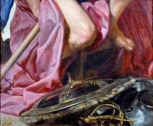 Bůh války Mars, detail štítu a brnění umístěných u nohou boha. Obraz Diega Rodrigueze de Silva y Velasquez (1599-1660)