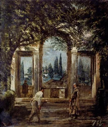 Villa Medicis v Římě, Kleopatřin pavilon nebo „Pavilon Ariane““. Pohled na zahrady Villa Medicis v Římě. Obraz Diega Rodrigueze de Silvy a Velasqueze (1599-1660)