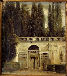 Villa Medicis v Římě, dva muži u vchodu do jeskyně rozestavěné lodžie Pohled do zahrad Villa Medicis. Obraz Diega Velasqueze (1599-1660), cca 1649 Ne. 0,48x0,42 m Madrid, muzeum Prado