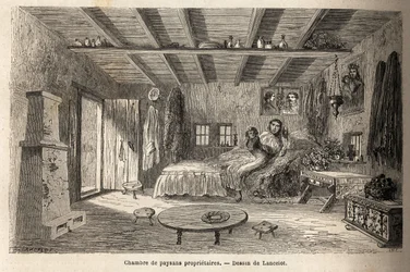 Dům majitelů rolníků v blízkosti Orezu (oblast Valašsko, Rumunsko). Rytina k ilustraci plavby z Paříže do Bukurešti od Lancelota, kreslíře, v roce 1860, publikovaná v „Le tour du monde, nouveau journal des voyages“, pod vedením o