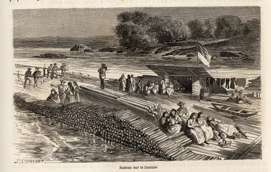 Dřevěný vor na Dunaji pro přepravu zboží a osob, kresba Lancelota, k ilustraci cesty Victora Duruye z Paříže do Bukurešti v roce 1860. Rytina „“Le tour du monde““, editoval Edouard Charton