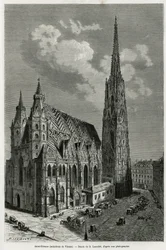 Katedrála svatého Štěpána (St. Stephen nebo Stephansdom nebo St. Stephane nebo St. Stephan Kirche) (postavena v letech 1113 až 1147), Vídeň (Rakousko). Rytina od Lancelota, k ilustraci příběhu Vienne a její předměstí, od M. Newlinského, v roce 1881, publik