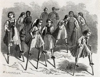 Hra echasse v Ulmu, navržená Lancelotem, aby ilustrovala cestu Victora Duruye z Paříže do Bukurešti v roce 1860. Rytina „“Le tour du monde“, editoval Edouard Charton