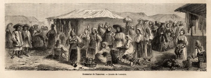Chodící obyvatelstvo Tesmevaru (nebo Temešváru) v Rumunsku. Rytina k ilustraci plavby z Paříže do Bukurešti od Lancelota, kreslíře, v roce 1860, publikovaná v „Le tour du monde, nouveau journal des voyages“, pod vedením Edouarda Chartona