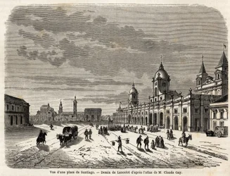 Pohled na náměstí v Santiagu (Chile), kresba Lancelot, pro ilustraci cesty do Jižní Ameriky, v roce 1823, Giovanni Mastai Ferretti (1792-1878, budoucí Pius IX). Rytina v „“ Le tour du monde, nouveau journal des voyages““ Paříž