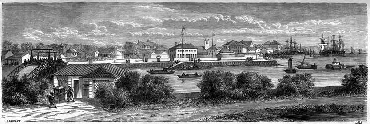 Pohled na koncesi Spojených států na řece Huangpu v Šanghaji v roce 1860, Čína. Rytina Lancelot, v „“Le Tour du Monde, Nouveau journal des Voyages“, editoval Edouard Charton, Paříž