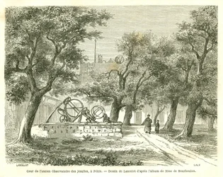Pohled na nádvoří bývalé jezuitské observatoře v Pekinu (Peking), Čína. Rytina Lancelot, v „“Le Tour du Monde, Nouveau journal des Voyages“, editoval Edouard Charton, Paříž