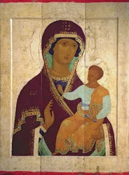 Madonna a dítě Hodigitria, ruská ikona, 1502 (tempera na panelu)