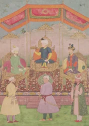 Mughalský císař Babur a jeho syn Humayan, indická miniatura z Rádžasthánu, 16. století