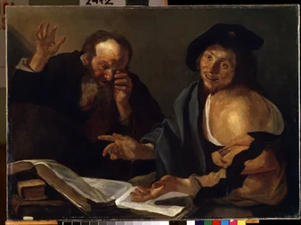 """"Hérakleitos a Démokritos"" Řečtí filozofové Hérakleitos z Efesu (Heraclitus) (535-475 př.nl) a Démokritos (Démokritos) (460-370 př.nl). Obraz Theodora van Baburena (Dirk Baburen) (1570/90-1623/4) Muzeum výtvarného umění Mikalo ze 17. století