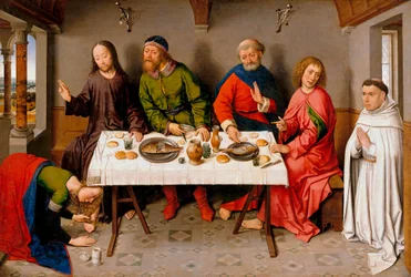 "Kristus u Šimona Farizea" (Kristus v domě Šimona Farizea) Marie Magdalena natírá Ježíšovy nohy mastí - Obraz od Dirka (Dierica) Boutse, dit le Vieux (1410/20-1475), c 1450 - Olej na dřevě, 40,5x61 - Staatliche Museen, Berl