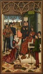 Ota III ze Svaté říše (Otho III, 980-1002) - Spravedlnost Otty III., utrpení ohněm (ordeal) - Soudce císaře Otty III: Ordeal by Fire - Bouts, Dirk (1410/20 -1475) - 1471-1475 - Olej na dřevě - 323,5x182 - Královská muzea výtvarného umění