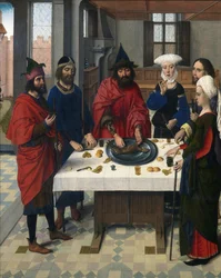 Oltářní obraz Nejsvětější svátosti: Detail levého panelu představujícího židovský Pesach. Malba na dřevo od Dircka (Dieric, Dirk) Bouts le Vieux (staršího) (1410-1475)