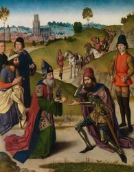 Setkání Abrahama a Melchisedeka, detail z oltářního obrazu Nejsvětější svátosti, kolem 1464-68 (olej na desce)