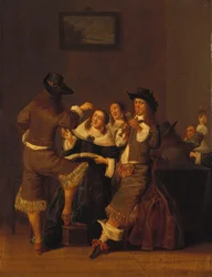 Elegantní postavy pijící a veselé v interiéru, 1653