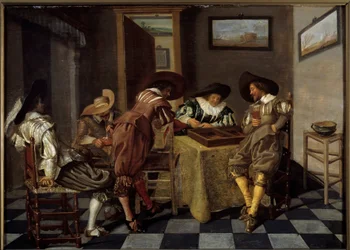Část tric trac (tri-trac: stará hra Backgammon). Obraz od Dirka Halse (1591-1656), cca 1615-1625. Olej na dřevě. Rozměr: 0,38 x 0,53 m. Lille, Musee Des Beaux Arts – hráči Tic-trac („Trictrac: starověká hra Backgammon). Obraz od Dirka Halse (159