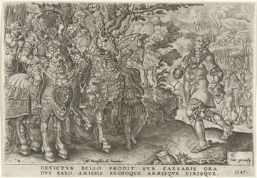 Kapitulace vévody Saska na bitevním poli u Mühlbergu, 1547 Vítězství Karla V. (název série) Divi Caroli. v. imp. opt. max. victoriae, ex multis praecipuae (název série)