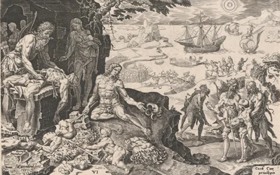 Císařská vojska přinášející civilizaci Indiánům, z Vítězství císaře Ch..., 1555.
