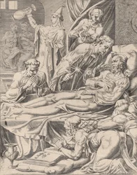 Bohatý muž na smrtelné posteli, z Podobenství o Lazarovi a boháčovi, deska 2, 1551.