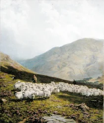 Shepherd and Sheep, Perthshire (olej na plátně)