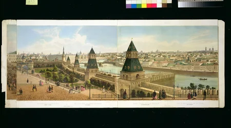 Foundling Hospital a Zamoskvoreche z Kremlu, z panoramatu Moskvy, vyryl Philippe Benoist (1813-c.1905) a Aubrun, hospoda. od Lemerciera, kolem roku 1840