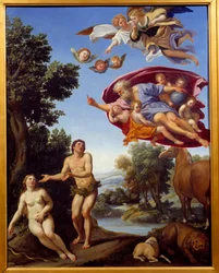 Bůh kárá Adama a Evu, obraz Domenica Zampieriho (Domenichino), 1625, 0,95 x 0,75 m, Grenoble, Muzeum výtvarných umění