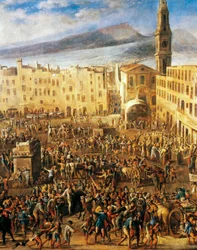 Piazza del Mercato v Neapoli, detail ze vzpoury Masaniello, od Domenica Gargiulo známého jako Micco Spadaro (1609 nebo 1610 - ca1675), malba.