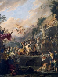 Mučednictví svatého Vavřince, obraz Domenica Gargiula s názvem Micco Spadaro (1609 nebo 1610-cca 1675), Itálie