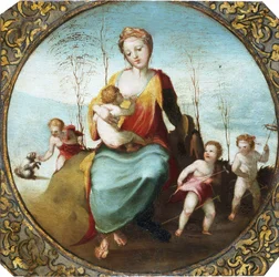 Beccafumi - Charita kojící dítě a obklopená třemi dětmi hrajícími si se psem a koňmi, asi 1525 (oříznuto)