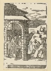 Volání kovů. Héfaistos (Vulcan) a učenec stojí u ohně v kovárně, zatímco venku ve skalách se skrývají bohové (jako zástupci kovů): Saturn (olovo), Jupiter (cín), Venuše (měď), Luna (stříbro), Merkur (rtuť