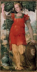 Ženská postava, možná Minerva. Obraz Domenica Beccafumiho (1486-1551).