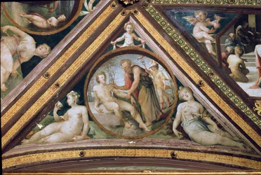 Promethee stvořil muže pod pohledem Merkura držícího listnatého a na hlavě helmu a křídla v sandálech Freska od Domenica Beccafumiho (1486-1551)