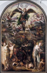 Svatý Michael honí rebelující anděly (Pád rebelujících andělů). Obraz Domenica Beccafumiho (1486-1551)