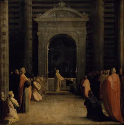 Obětování klíčů města Siena Panně Marii, v roce 1526 nebo později (olej na papíře na dřevěné desce)