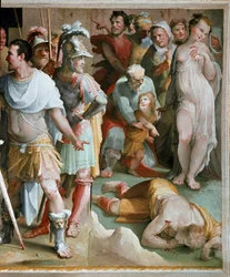 Atentát na bohatého římského plebejce Spuria Maelia (5. století př. n. l.). Detail. Freska Domenica di Giacomo di Pace, zvaného Beccafumi (1486-1551), 1529-1535, Siena, Palazzo Pubblico