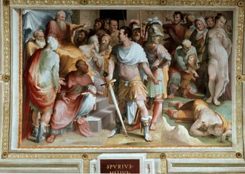 Zavraždění bohatého římského plebeje Spuria Maelia (5. století př. n. l.). Freska Domenica di Giacomo di Pace, zvaného Beccafumi (1486-1551), 1529-1535. Siena, Palazzo Pubblico