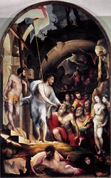 Kristův sestup do limbu. Drží bílý prapor s červeným křížem, symbolem Zmrtvýchvstání. Obraz Domenica Beccafumiho (1486-1551)
