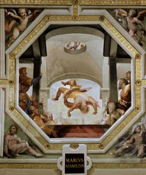 Pád Marca Manliuse Capitolina, římského konzula, z Citadely Capitolu během galské invaze v roce 390 př. n. l. Freska od Domenica di Giacomo di Pace dit Beccafumi (1486-1551) 1529-1530 Siena (Siena), Palazzo Casini Casuccini