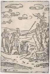 Padělatel stojící u kovadliny táhnoucí muže v řetězech, ze série The var..., ca. 1540-1550.