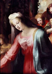 Narození Páně, detail Panny Marie. Obraz Domenica Beccafumiho (1486-1551)