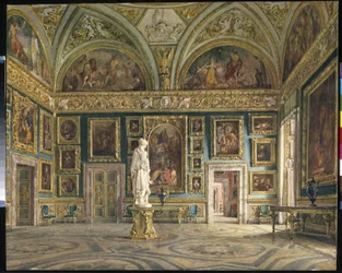 Sál Iliady (galerie Palatine) paláce Pitti ve Florencii (Itálie) (sál Iliady v paláci Pitti ve Florencii). Obraz Domenica Caliga (?-1880), olej na plátně. Italské umění, druhá polovina 19. století, neoklasicismus. State He