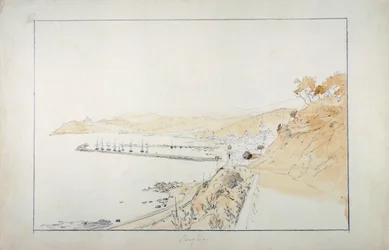 Porto Maurizio viděno z Oneglia, cca 1859, Pasquale Domenico Cambiaso (1811-1894), italská tužka a akvarel.
