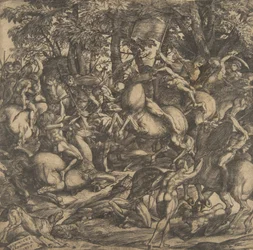 Skupina nahých mužů v boji v zalesněné krajině, někteří na koních, pes u lo..., 1517