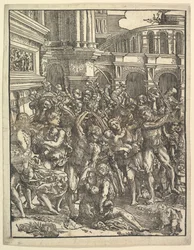 The Massacre of the Innocents Pravá strana se skupinou mužských postav útočících na ženy a ..., 1517.