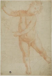 Putto stojící na pravé noze (recto); náčrtek zatažené paže (verso)