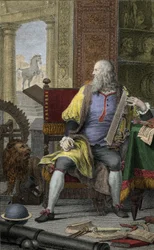 Zastoupení malíře, sochaře Leonarda de Vinci (Leonardo da Vinci) (1452-1519) v jeho dílně Lept od Domenica Cunega (1726-1803)
